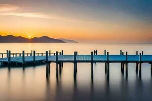 a pier in the middle of a lake at sunset. AI-Generated photo