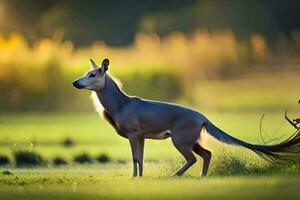 a deer with long hair standing in the grass. AI-Generated photo