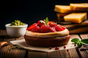 un tarta de queso con fresas y menta en un de madera mesa. generado por ai foto