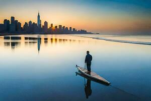 a man stands on a paddle board in front of a city skyline. AI-Generated photo