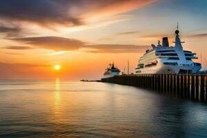 un crucero Embarcacion atracado a el muelle a puesta de sol. generado por ai foto