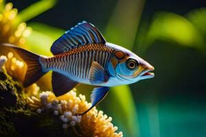 a fish with a blue and white pattern is swimming in the water. AI-Generated photo