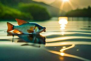 un pescado es flotante en el agua a puesta de sol. generado por ai foto