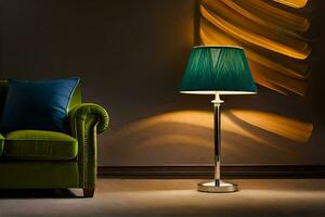 a green couch and a lamp in a room. AI-Generated photo