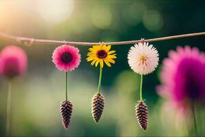 four flowers hanging from a wire with cones. AI-Generated photo