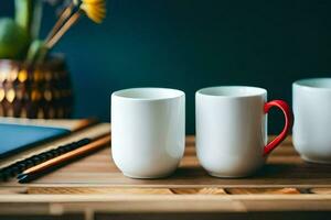 two white coffee mugs on a table. AI-Generated photo