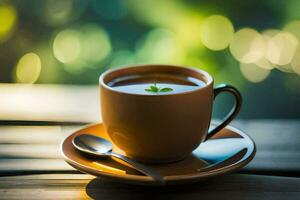 a cup of coffee on a wooden table. AI-Generated photo