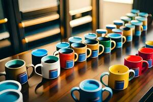 colorful coffee mugs on a table. AI-Generated photo