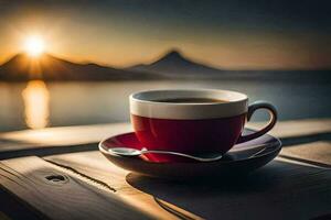 un taza de café en un de madera mesa con un ver de el puesta de sol. generado por ai foto