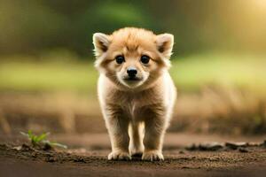 a puppy is standing on a dirt road. AI-Generated photo