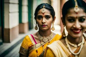 dos mujer en tradicional saris posando para el cámara. generado por ai foto