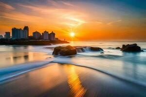 el Dom conjuntos terminado el Oceano y ciudad horizonte. generado por ai foto