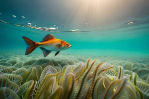 un pescado nadando en el Oceano con un anémona. generado por ai foto