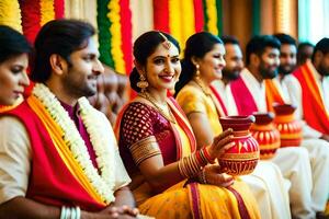 a bride and groom in traditional indian attire. AI-Generated photo