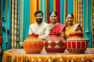 a couple posing with colorful pots in front of a colorful backdrop. AI-Generated photo