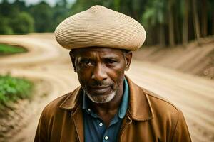 un hombre vistiendo un sombrero soportes en un suciedad la carretera. generado por ai foto