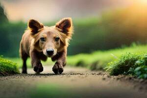 un perro corriendo en un camino en el césped. generado por ai foto