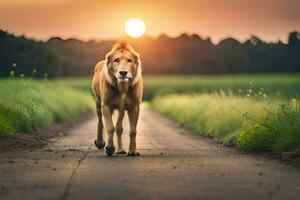 un león caminando abajo un la carretera a puesta de sol. generado por ai foto