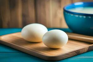 two balls of white rice on a wooden cutting board. AI-Generated photo