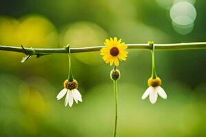 three daisies hanging from a branch with a green background. AI-Generated photo
