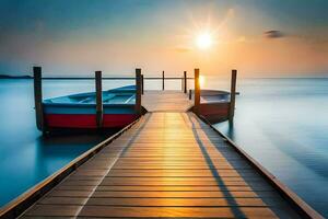 a wooden dock with two boats on it at sunset. AI-Generated photo