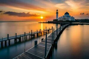 the sun sets over a mosque and pier. AI-Generated photo