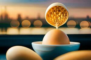 huevos son siendo metido en un cuenco con un ciudad vista. generado por ai foto