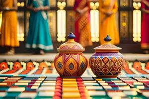 two colorful pots sitting on a floor with women standing behind them. AI-Generated photo