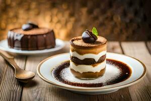 dos postres en un plato con chocolate y crema. generado por ai foto