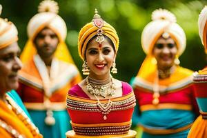 un mujer en tradicional indio atuendo poses con su amigos. generado por ai foto