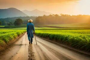 a man walking down a dirt road in a rice field. AI-Generated photo