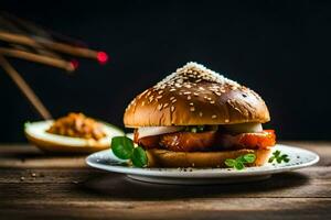 a hamburger with sesame seeds and sauce on a white plate. AI-Generated photo