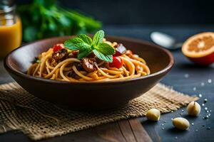 spaghetti with meat and vegetables in a bowl. AI-Generated photo