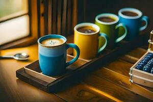 cuatro café tazas en un bandeja con un de madera bandeja. generado por ai foto