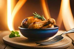 chicken in a bowl with sprigs of rosemary on a wooden table. AI-Generated photo