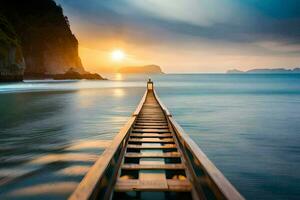 a wooden bridge leads to the ocean at sunset. AI-Generated photo