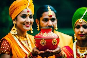 a couple in indian attire holding a pot. AI-Generated photo