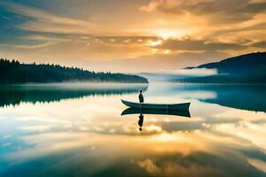 a man in a boat on a lake at sunset. AI-Generated photo