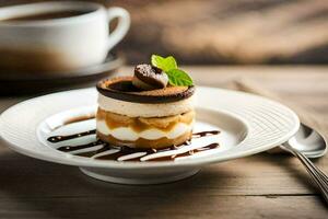 un postre en un plato con un taza de café. generado por ai foto