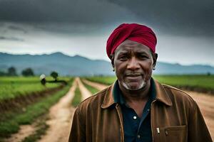 a man in a red turban stands in a field. AI-Generated photo