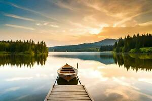 a boat is docked on a lake at sunset. AI-Generated photo