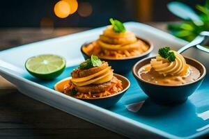 Tres pequeño platos de comida en un azul lámina. generado por ai foto