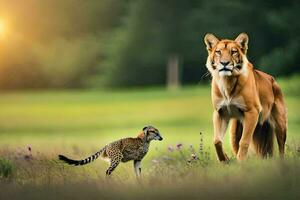 un leopardo y un león en un campo. generado por ai foto