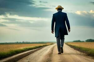 a man in a suit and hat walking down a dirt road. AI-Generated photo