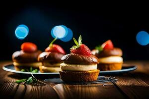 mini cupcakes with strawberries on a wooden table. AI-Generated photo