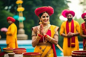 un novia en tradicional indio atuendo es sonriente y aplausos. generado por ai foto