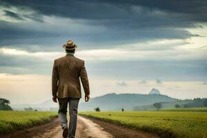 a man in a suit and hat walking down a dirt road. AI-Generated photo