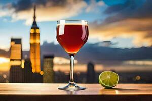 a glass of wine and a lime on a table in front of a city skyline. AI-Generated photo