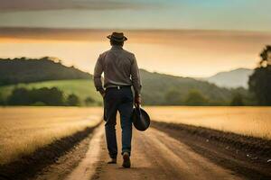 un hombre en un vaquero sombrero caminando abajo un suciedad la carretera. generado por ai foto