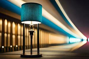 a lamp with a blue shade on it sitting on a table. AI-Generated photo